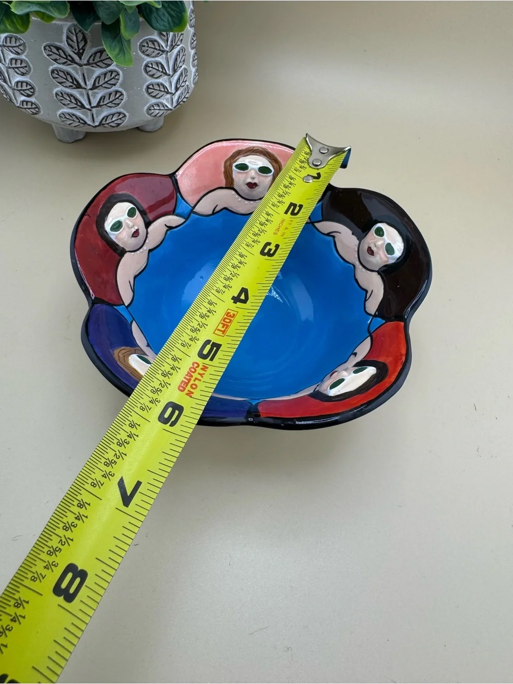 Hand-Painted Blue Ceramic Decorative Bowl with Figurative Border